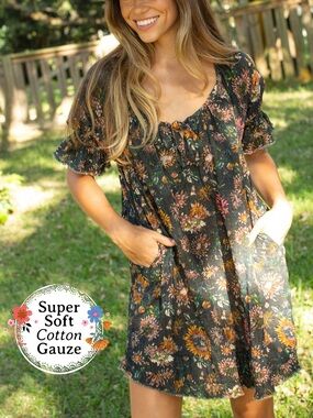 Natural Life Sienna Cotton Gauze Floral Babydoll Mini Dress Boho Size XS/Small